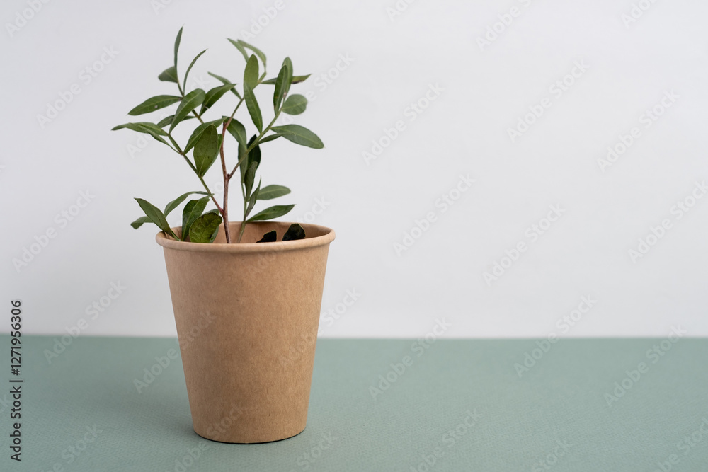 Fototapeta premium Eco-friendly disposable paper tableware. Paper cup, wooden forks, recycling. Copy space 