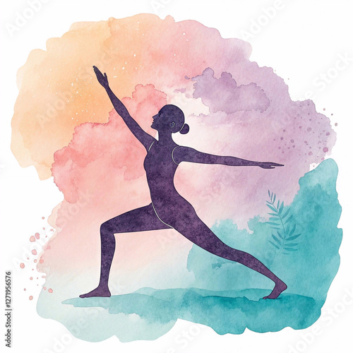 Minimalist yoga poses in watercolor style featuring a woman in triangle pose with artistic splashes
