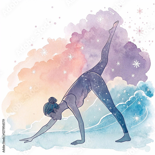 Minimalist yoga poses in watercolor style featuring a woman in lotus pose with abstract floral elements