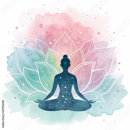 Minimalist yoga poses in watercolor style featuring a woman in warrior pose with dreamy background