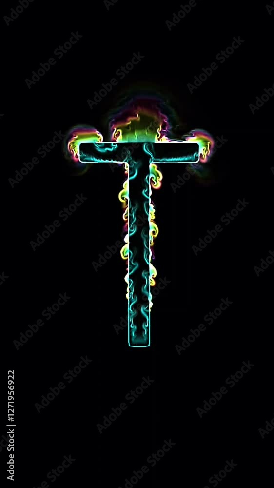 Upper case letter T with neon color changing plasma waves animated text
