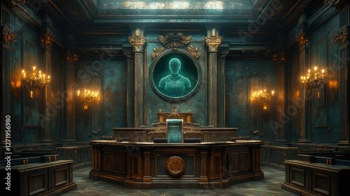 Elegantly crafted courtroom with a futuristic holographic portrait and opulent lighting, blending tradition and modernity in design.