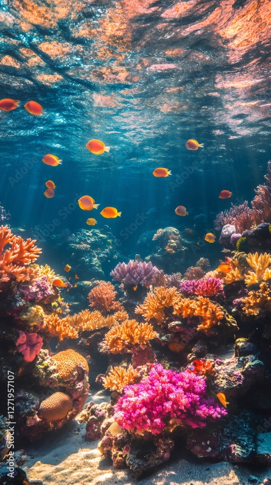 Fototapeta premium Wonderful and colorful coral reef and exotic fishes swimming in deep ocean