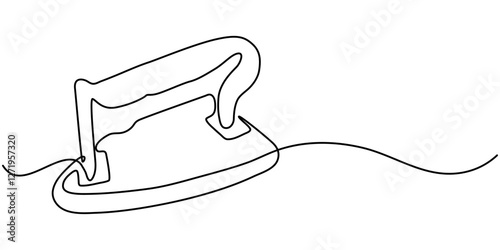 Continuous one line drawing of an clothes iron, Electric iron drawn in a continuous line in minimalism style, household appliances, household assistant, ironed linen, in one line, editable vector pro.