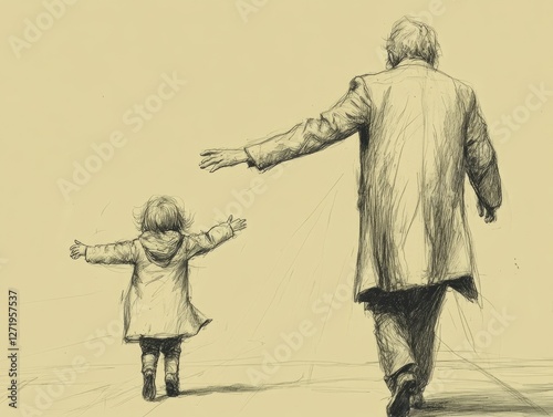 Elderly caucasian male and child joyfully walking with arms outstretched in monochrome sketch
