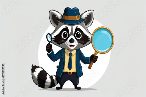  Funny curious detective raccoon with a magnifying