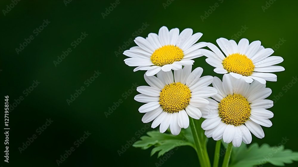 Fototapeta premium Four White Daisies with Yellow Centers against Dark Green Background