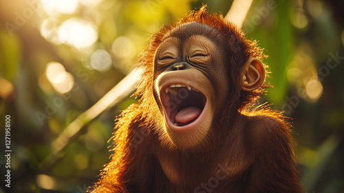 Adorable young orangutan laughing with joy in sunlit jungle, capturing pure happiness and playful expression. photo