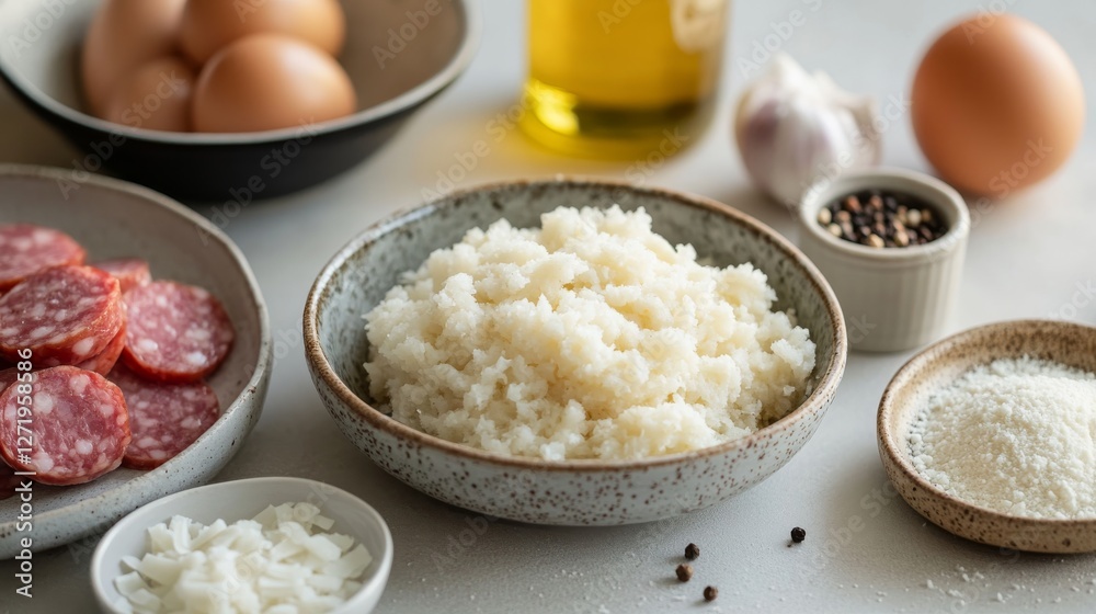 A table with fresh ingredients ready for preparation, close-up. A surface with assorted ingredients under soft lighting. A table with fresh ingredients ready for preparation, close-up. A surface with assorted ingredients under soft lighting.