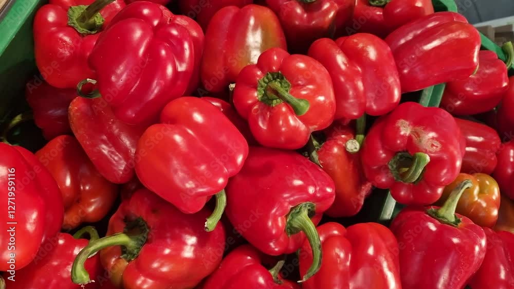 Red pepper on the counter in the store. Ripe peppers in the supermarket, close-up. Ingredient for cooking. Group of fresh red peppers. Healthy eating and vegetarianism. Vegetables at the market Red pepper on the counter in the store. Ripe peppers in the supermarket, close-up. Ingredient for cooking. Group of fresh red peppers. Healthy eating and vegetarianism. Vegetables at the market