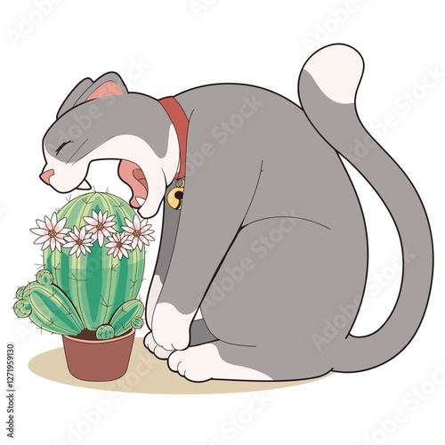 The cat is eating a plant in a flowerpot. Funny and cozy vector illustration.