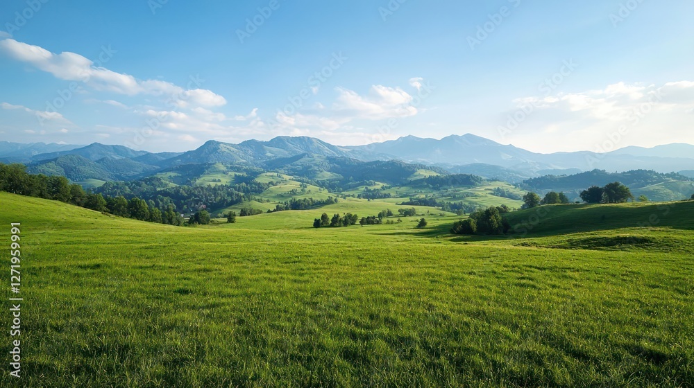 Fototapeta premium Vast Green Meadow Rolling Hills Landscape Under Blue Sky