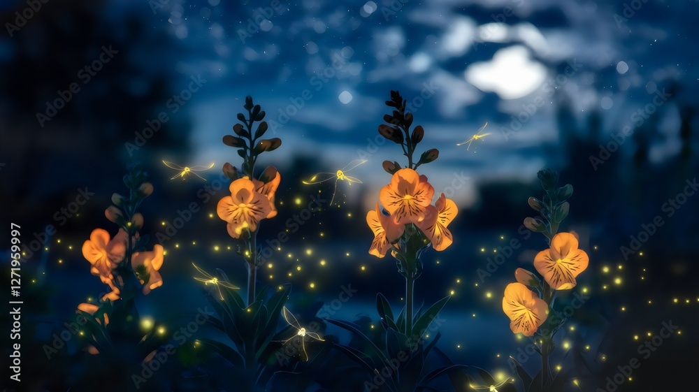 custom made wallpaper toronto digitalMoonlit garden with glowing orange snapdragons and fireflies