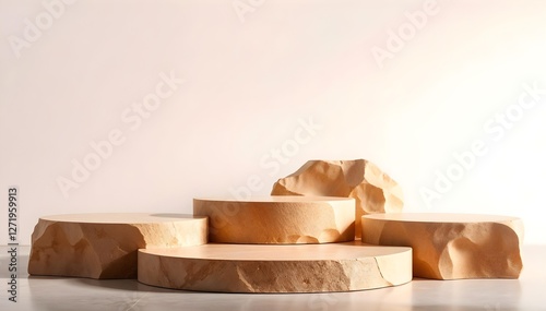 Wooden Platform for Multiple Product Showcase against a Minimal Background