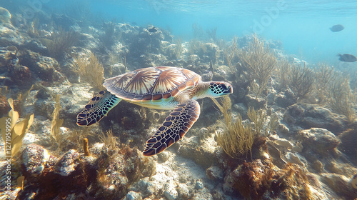 Graceful sea turtle swimming through sunlit ocean waters, showcasing the beauty of marine life and the vibrant colors of an underwater world. photo