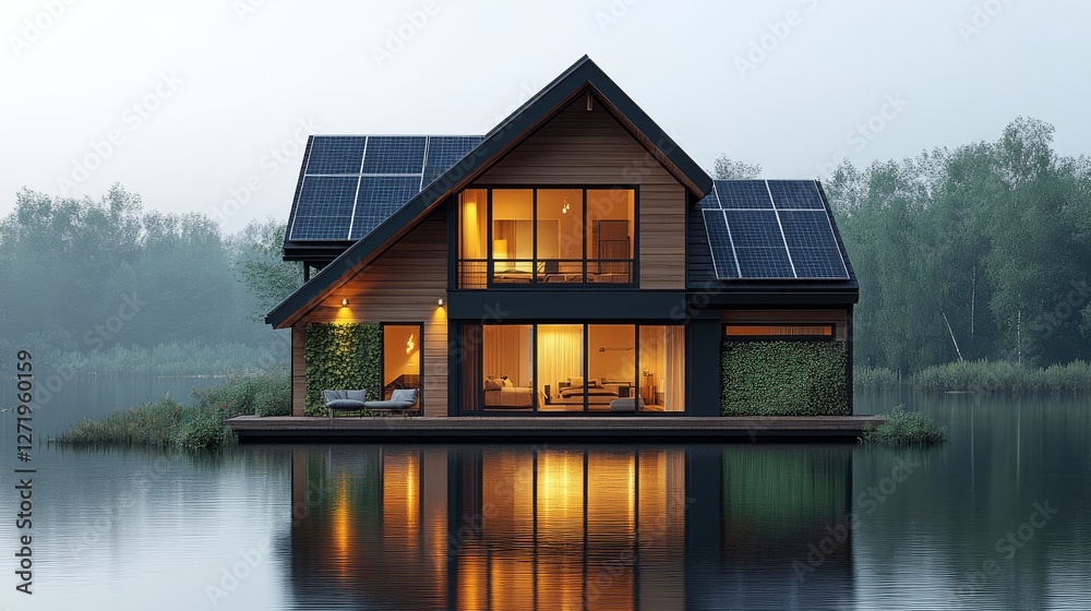 Obraz premium Modern eco-friendly house on the water surrounded by lush greenery and serene nature in the early evening glow