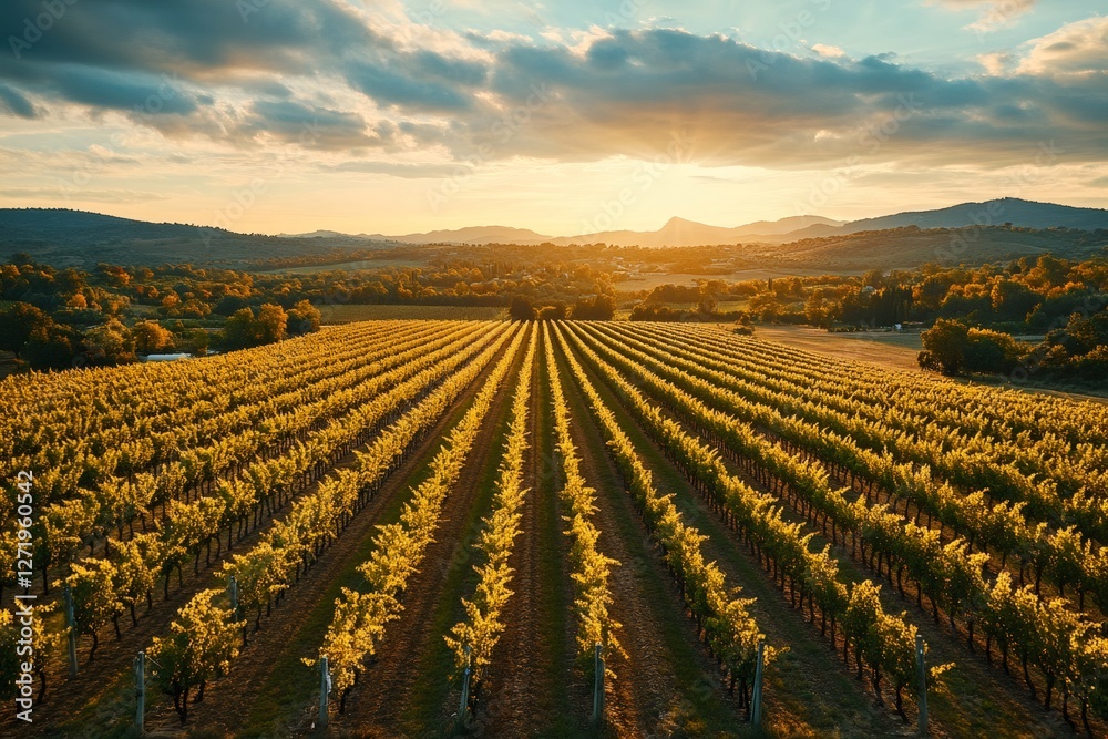 Golden sunset illuminating vast vineyard landscape in french countryside Golden sunset illuminating vast vineyard landscape in french countryside