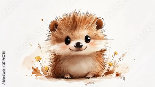 A cute watercolor illustration of a hedgehog surrounded by small flowers, showcasing its adorable and fluffy features. Perfect for children's books, nature-themed designs, or animal lovers.