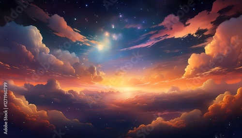 Vivid Sunset Over Mountains with Majestic Clouds and Starry Sky. Ai Generated