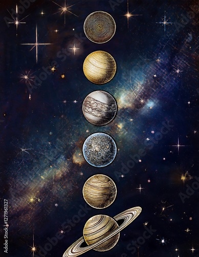 Cosmic Artwork Depicting Various Creative Depictions of Planets and The Milky Way. Ai Generated