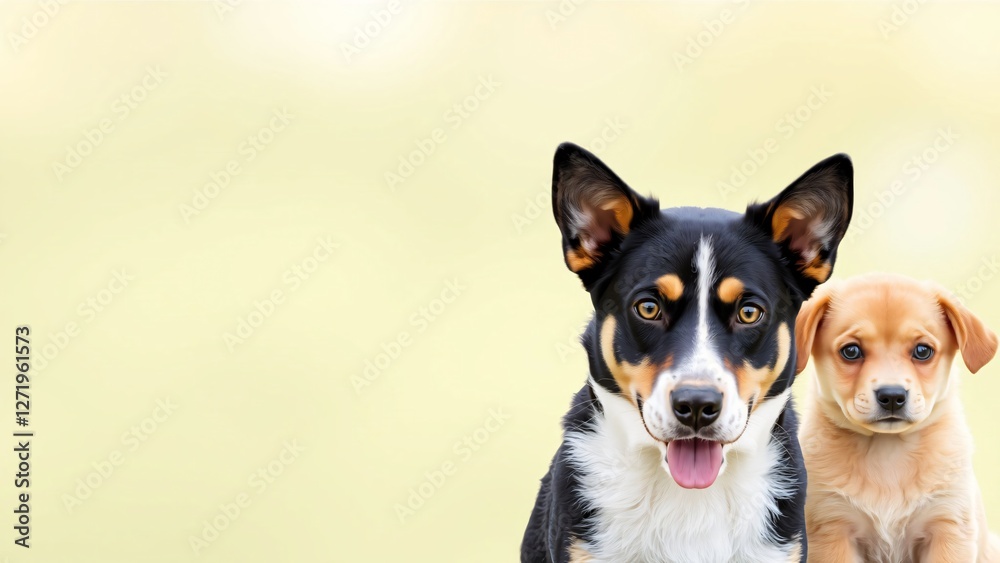 Adorable Puppy and Dog Portrait Against Pastel Yellow Background Adorable Puppy and Dog Portrait Against Pastel Yellow Background