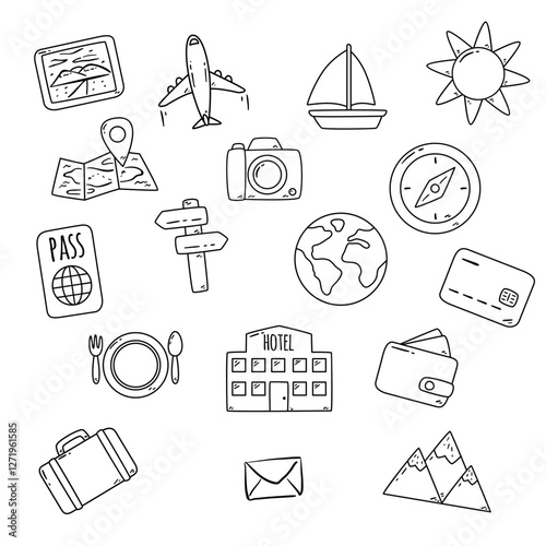 Travel & Tourism Vector Icons – Adventure, Vacation, Flight, Hotel, Trip, Roadmap, Beach