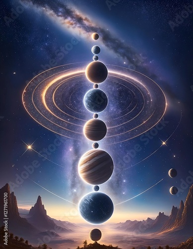 Cosmic Artwork Depicting Various Creative Depictions of Planets and The Milky Way. Ai Generated