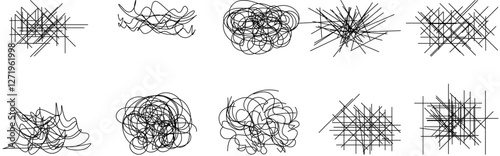 Random chaotic scribble lines collection pencil art set. Abstract random line scribble vector elements including various messy and random lines for design,