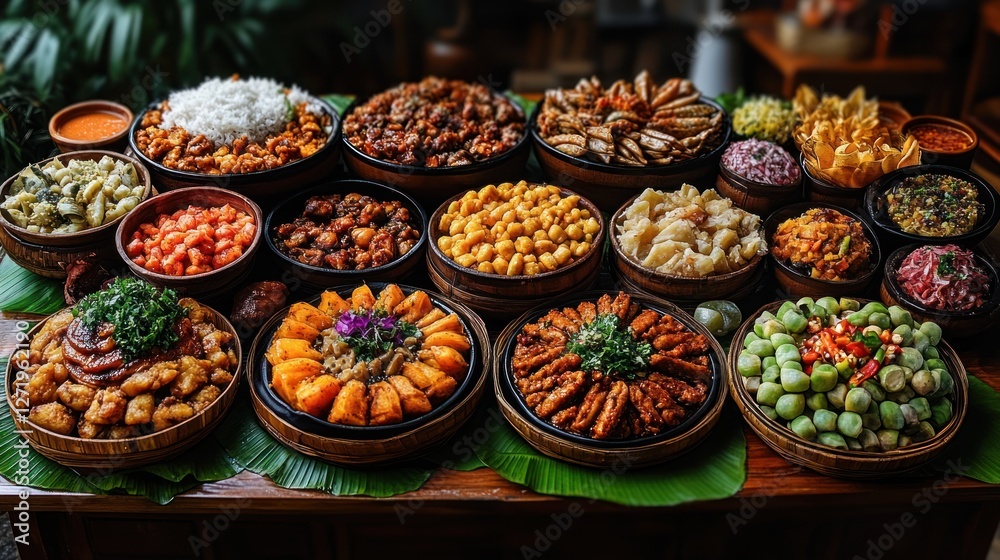 Fototapeta premium Diverse Asian Buffet on Banana Leaves