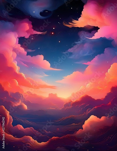 Colorful Fantasy Landscape with Mountains, Starry Sky, and Sunset Reflections. Ai Generated