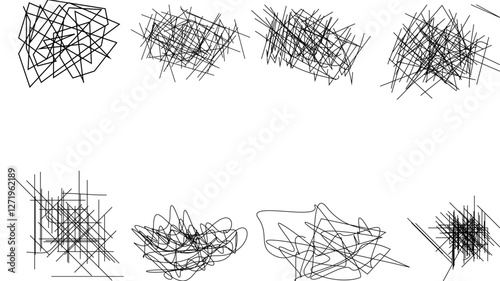 Random chaotic scribble lines collection pencil art set. Abstract random line scribble vector elements including various messy and random lines for design,