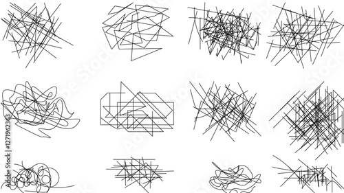 Random chaotic scribble lines collection pencil art set. Abstract random line scribble vector elements including various messy and random lines for design,