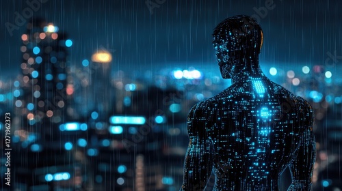 Wallpaper Mural A futuristic humanoid figure illuminated by city lights surrounded by digital patterns in a rain-soaked metropolis at night Torontodigital.ca