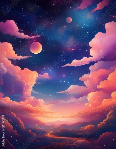 Colorful Fantasy Landscape with Mountains, Starry Sky, and Sunset Reflections. Ai Generated