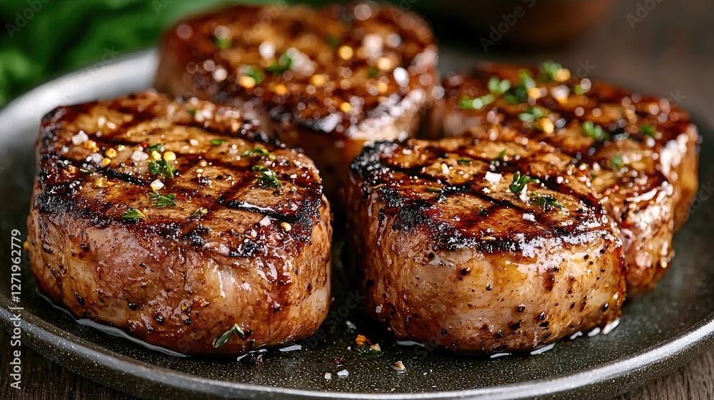 Grilled steaks on plate, closeup view, herbs and spices, cooking, gourmet food