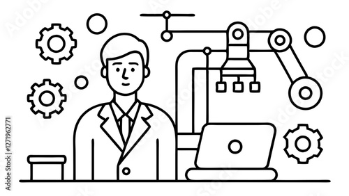 Person in front of a computer and machinery, surrounded by gears, indicating an industrial or technological setting. Robotic arms and technological elements suggest automation,innovation.AI