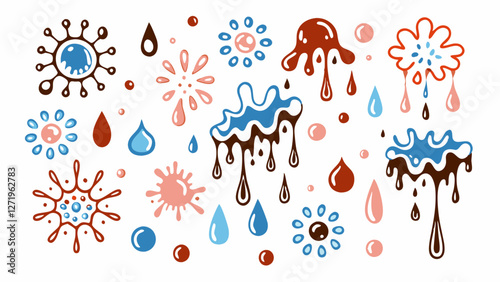 Colorful splashes and droplets in various sizes and shapes are scattered across a white background.Brown, blue, and red hues dominate the abstract design, which includes both wavy and rounded forms.AI