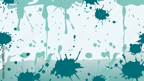 Abstract splatters of various teal shades create a dynamic and energetic composition. The playful arrangement of drips and splashes gives a sense of spontaneity and movement.AI