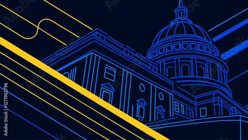 A modern, stylized depiction of a domed building in blue and yellow lines captures attention against a dark background. Linear elements intersect the scene, creating a dynamic and futuristic feel.AI