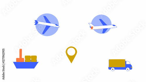Two airplanes, a ship, and a truck are shown against a plain background, each representing a different mode of transportation. A pin icon in the center suggests travel and logistics themes.AI