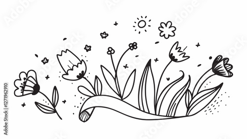 A whimsical black and white line drawing features a variety of flowers and leaves sprouting around a ribbon. Small stars, dots, and a sun add a playful touch to the design.AI