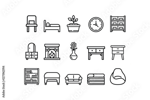Minimalist furniture and home decor line icons set including chair, bed, plant, clock, bookshelf, sofa, fireplace, and table