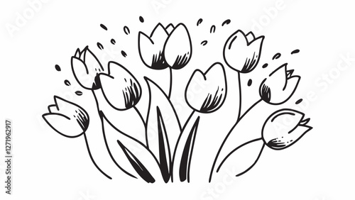 Delicate tulips are illustrated in black and white line art, capturing the simplicity and elegance of the flowers. The arrangement shows several tulips with their stems and leaves.AI
