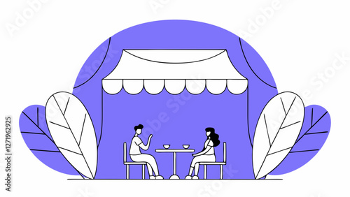 Two people are sitting at a small table under a tent, enjoying drinks in an outdoor setting. Large, stylized leaves frame the scene against a purple background.AI