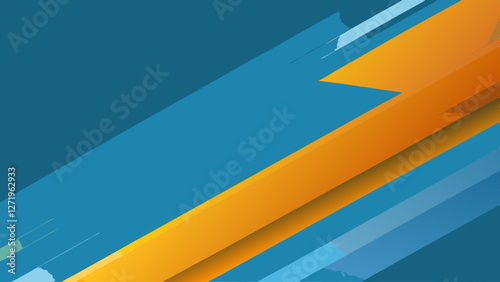 Bold geometric shapes in shades of blue and orange create a dynamic composition. The diagonal orientation and jagged edges give a sense of movement and modernity.AI