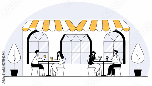 Two pairs of people are seated at tables outside a café, engaging in conversation. The café features arched windows and a yellow-striped awning, with potted trees on either side.AI