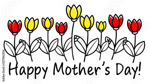 Colorful tulips in red and yellow line the top of the image. Below them, the words 