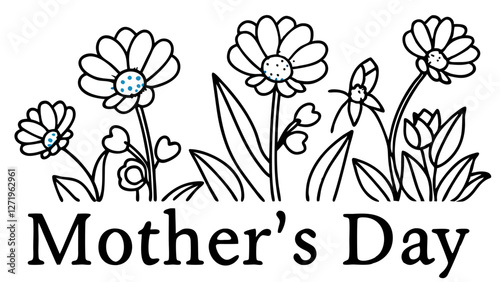 A black and white floral design features several blooming flowers with leaves, accented by a few blue details. Below the flowers, the text 