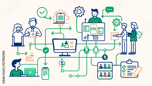 A diverse group of illustrated people are engaged in various elements such as computers, charts, and documents. Arrows indicate interactions between individuals and devices.AI