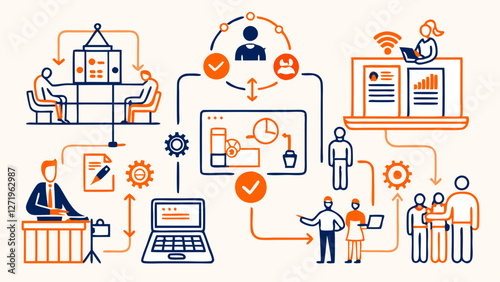 Different interconnected elements represent a collaborative work environment in which people participate in discussions. The use of arrows and gears emphasizes communication and workflow processes.AI